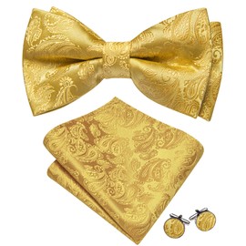 Barry.Wang Paisley Bow Ties for Men Classic Pre Tied Bowtie and Pocket Square Cufflinks Set Silk Gold Bow Tie Gift Party