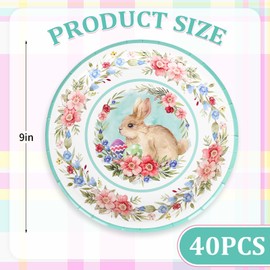FYSUIMU 40Pcs Easter Paper Plates Floral Bunny Disposable Plates 9 Inch Rabbit Flower Dinner Plates for Spring Baby Shower Birthday Party Supplies