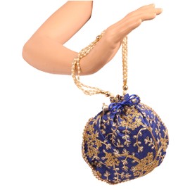 Touchstone NEW Traditional Indian Hand Embroidered Floral Motif Shopping Gifts Jewelry Wedding Sweet Distribution Faux Pearls Strings Drawstring Fancy Blue Orange Color Bag Set Of 2 For Women.