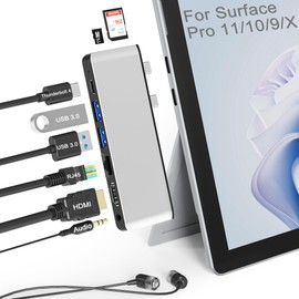 Surface Pro 11 10 9 Estación de acoplamiento con HDMI 4K, USB-C Thunderbolt 4 (video 8K +40Gbps+100W de potencia), Ethernet de 100M, USB3.0, ranura para tarjeta SD TF, audio de 3.5 mm, visualización