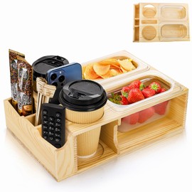 Tebery Couch Cup Holder, Handy Couch Caddy Tray with 2 Snack Bowls, Anti-Spill Beer Snack Box for Bed, Sofa, Wooden Table Stand Organizer for Drinks, Remotes, Napkins, Sofa