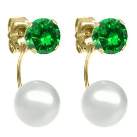 Gem Stone King 14K Yellow Gold Jacket Earrings with 5MM Green Simulated Emerald and 6MM Cultured Freshwater Pearl for Women | 1.68 Cttw
