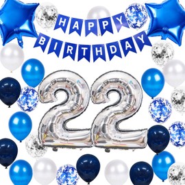 22nd Birthday Party Decoration Blue for Him, Happy Birthday Banner Blue Number 22 Birthday Star Foil Balloons Latex Confetti Balloons for Men Him Boyfriend 22 Years Old Birthday (22nd)
