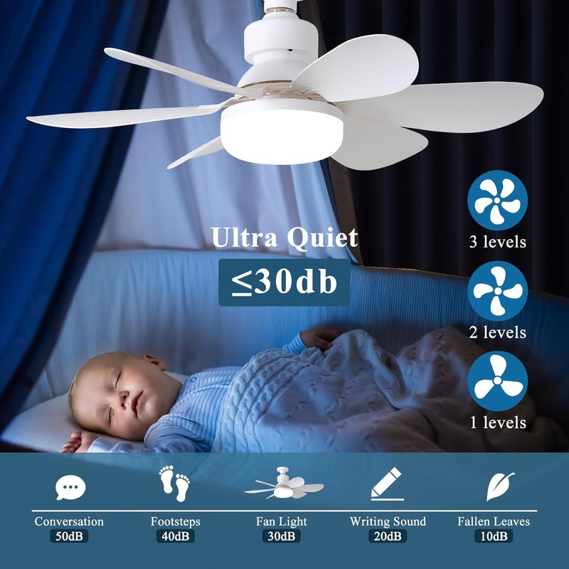 Socket Fan Light with 6 Blades, 3 Color Dimmable &