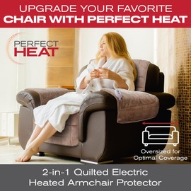 Perfect Heat Quilted Electric Armchair Heater and Chair Protector Against Spills, Wear, and Pet Fur, Heated Recliner Cover, Heated Pad for Chair Heated Seat Warmer Pad Water-Resistant Vegan Microsuede