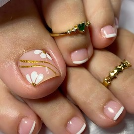 White French Tip Press on Toenails Short Fake Toenails Flower False Toenails with Floral Gold Glitter Curve Line Designs Glossy Glue on Toenails Acrylic Toenails for Women Girls 24Pcs