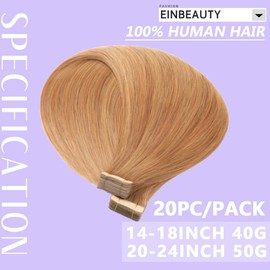 EINbeauty Tape Extensions Real Hair 20 Pieces Extensions Real Hair 35 cm 40 g Turmeric Brown Tape-In Extensions Real Hair Invisible Real Hair Extensions Tape Straight Hair Extensions for Women (14
