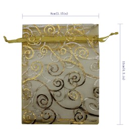 Ankirol 100pcs Sheer Organza Favor Bags for Wedding Baby Shower Rattan Print Gift Bags Samples Display Drawstring Pouches (3x4, Gold)