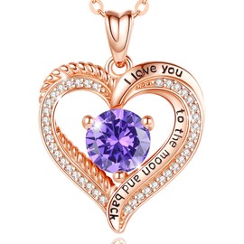 EUDORA 925 Sterling Silver Heart Birthstone Necklace for Women, Rose Gold February Birthstone Pendant for My Girl I Love You to the Moon and Back Jewelry Birthday Gift for Mom Daughter Grandma Her,18"