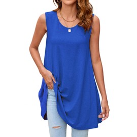 Enmain Royal Blue Vest Tops for Women UK Ladies Sleeveless Tunics Summer Long Tank Tops for Leggings Solid Color Casual Loose Blouse Stretchy XL