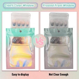 Funfery 100 Pack Gradient Holographic Bags,Mylar Resealable Bags with Zipper,Clear Window Packaging Pouchs,Plastic Smell Proof Foil Bags for Food Storage,Sample Jewelry Baggies(3×4.7In,Green Pink)
