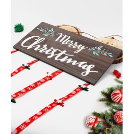 AKEROCK Clip Photo Holders for Christmas Cards, Merry Christmas Picture Frame, Wooden Hanging Christmas Card Holder Wall Display with 30 Clothespins for Home Decor - Brown