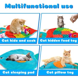 Cat Mat, Cute Soft Catnip Mat, Cat Activity Mat Machine Washable Cat Blanket for Small Medium Large Cats with 7 Pockets, Crinkle Paper Self-Warming Kitty Carpet Interactive Catnip Toys (New Version)