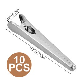 Pack of 10 Food Sealing Clips, Alligator Clips, Silver, Metal Large Bag Clips, Sealing Clips, Stainless Steel for Bread, Coffee, Oatmeal, Food Kitchen and Home (A)