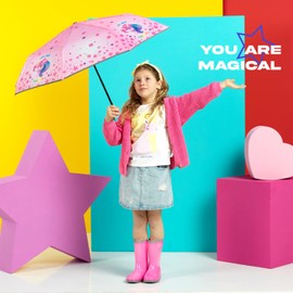 Einhorn Kinder Regenschirm Mädchen - Rosa Pink Unicorn Taschenschirm Minischirm Kinderschirm - Regenschirm Klein Windfest mit Reflektierendem Rand - 7+ Jahren - Durchm 91 cm - Perletti (Bunte Sterne)