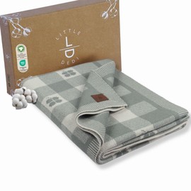 Little Dedi Baby Strickdecke, GOTS-Zertifiziert 100% Bio-Baumwolle in Grün/Beige 80x100 cm, Glücksbringer, Kleeblatt), weich & leicht, ideal zum Pucken und Kuscheln im Geschenkbox