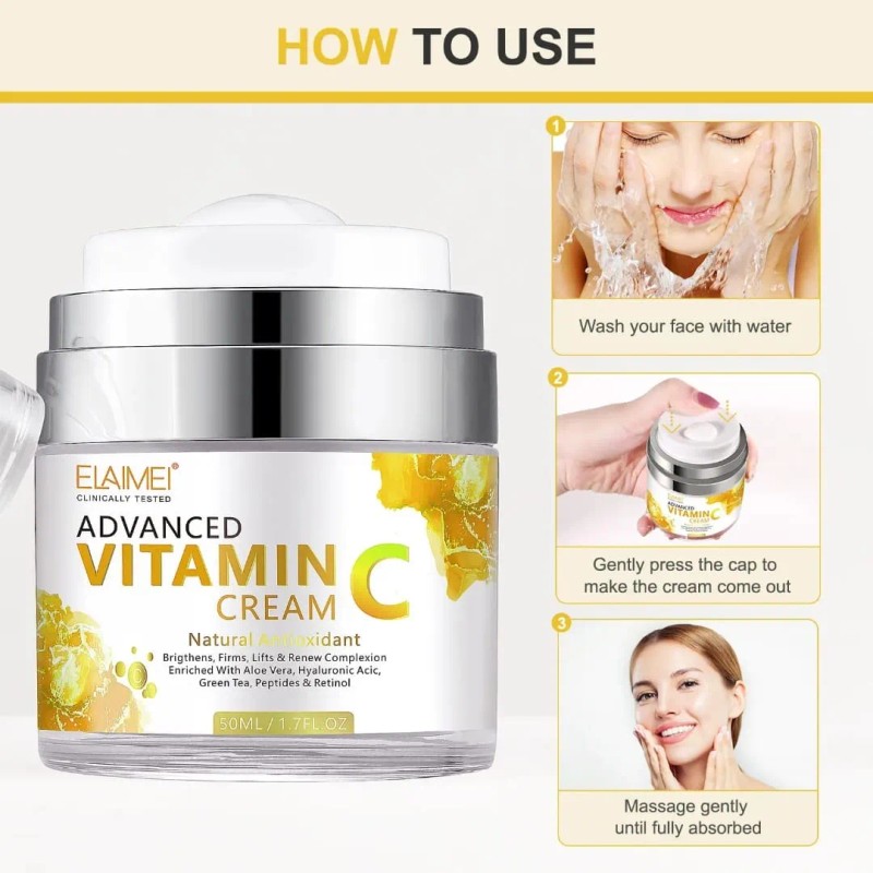 Crema Facial Vitamina C + Ácido Hialuróncio + Aloe Anti-edad