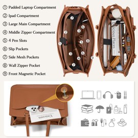 RAINSMORE Laptop Bag for Women 15.6 Inch Work Tote Bags Leather Laptop Tote Waterproof Computer Bag Professional Office Business Briefcase Large Handbag for College Teacher Travel, Brown