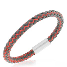 EDFORCE Stainless Steel Red Faux Leather Silver-Tone Mens Bracelet, 8"