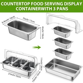 Ziliny Countertop Ice Food Serving Display Tray with 3 Pan Stainless Steel Salad Bar Buffet Station Display Rack Condiment Dispenser with Clear Roll Top Cover for Restaurant Hotel Kitchen Party