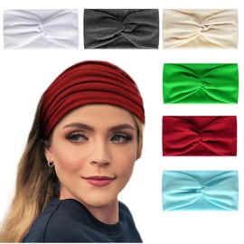 6Pcs Bandana Headbands for Women Wide Wavy Headscarf Boho Head Scarfs Wraps Turban Fabric Elastic Headband Yoga Hairbands Sport Running Headscarves (white headband)