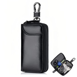 Leather Key Case for Men and Women, Zip Key Bag for Keys, Car Keys, PU Key Case, Black, 2 Compartments