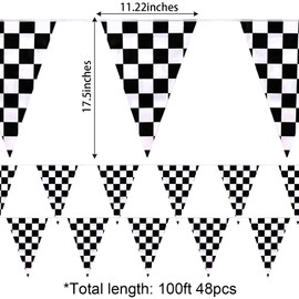 100Ft Checkered Flag Banner, Race Car Themed Birthday Party Decorations Supplies, Black and White Checkered Pennant Racing Banner