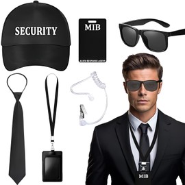 Saier tbo 6 Piece Agent Costume Accessory Set, Men in Black Costume Accessories Kit with Hat, Tie, Sunglasses, ID, Headphones, Card Holder with Lanyard for Men, Women, MIB Cosplay Theme Party