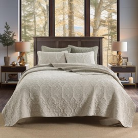 HORIMOTE HOME Cotton Quilt King Size, Beige Jacquard Embossed Quilt Set Full Size Soft Lightweight Stonewashed Bedspread Coverlet, Vintage Farmhouse Style Quilt Bedding Set for All Season, 3 Pieces