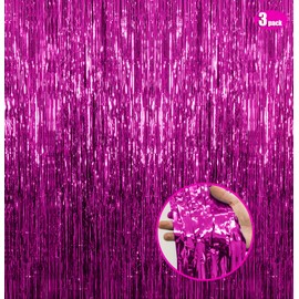 Hot Pink Tinsel Backdrop 3pack 3.2ft x 6.6ft Metallic Tinsel Foil Fringe Curtains for Wedding Birthday Engagement Bridal Shower Bachelorette Celebration Party Decorations and Photo Booth Props