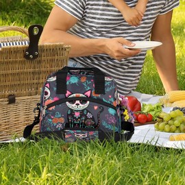 UOYO Lunch Bag Sugar Skull Flower Cat Lunchbox Organizer Insulated Waterproof Men Women Tote Cooler Handbag Adjustable Shoulder Strap for kids Girls Boys School Office Picnic