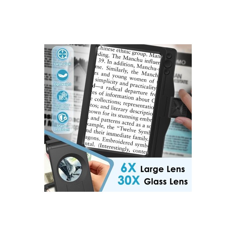 30X 6X Rechargeable Magnifying Glass for Reading, Large Full Page