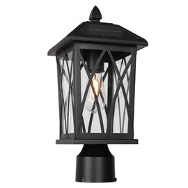 Treekee Solar Post Light Outdoor, Rustic Black Pier Mount Lantern with Clear Glass, Waterproof LED Solar Powered Lamp for Fence Patio Garden, Auto On Off Dusk to Dawn, Bulb Included