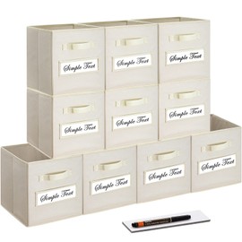 artsdi Set of 10 Storage Cubes,Foldable Fabric Cube Storage Bins with 10 Labels Window Cards & a Pen,Baskets Containers for Shelves,Closet Organizers Box for Home & Office,Beige