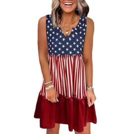American Flag Star Vertical Striped Ruffled Mini Dress Womens Casual Loose Flowy Swing Dress Summer Boho Tank Dress (X-Large,Red)