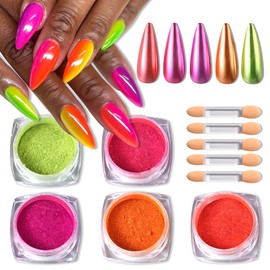 SUTOZMIWE Neon Nail Pigment Powder, 5 Colors Metallic Mirror Effect Chrome Nail Powder, Gradient Iridescent Nails Design Rubbing Dust Manicure Glitter Kit for Nail Art Decoration Home DIY Salon Use