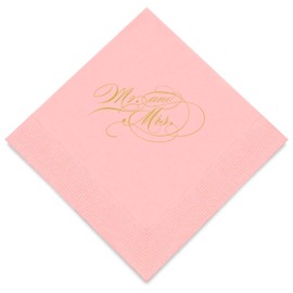 Weddingstar 3-Ply Gold Foil Cocktail Napkins Classic Pink - Mr and Mrs Script