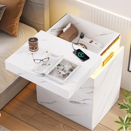 BTHFST LED Nightstands Set of 2,Night Stands for Bedroom,Nightstand with Charging Station and Sliding Top,Bedside Table with Drawers,Modern End Side Table，White Marble