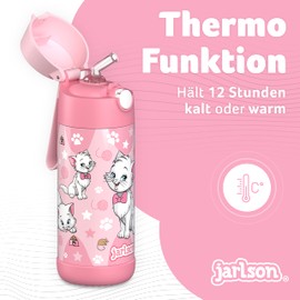 Jarlson® Trinkflasche Kinder Edelstahl Charli mit Strohhalm - Thermosflasche 350ml - TÜV geprüft - BPA frei - auslaufsicher - Thermo Wasserflasche für Schule, Kindergarten (Katze 2)