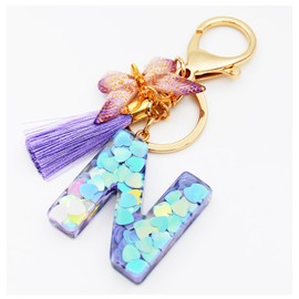 MTHKD Initial Letter Keychains for Girls Women Purple Butterfly Alphabet Keychain Backpack School Bag Keychain for Book Bag (Purple-green N)