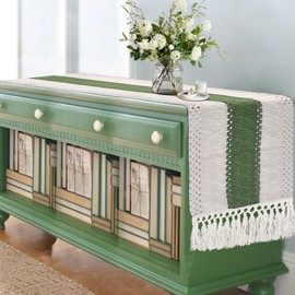 Boho Table Runner 72 inches Long, Cream Sage Green Macrame Table Runner, Farmhouse Rustic Woven Dresser Runners for Bedroom, Dining Room, Kitchen, Coffee Table, Summer Home Decor with Tassels 12x80''