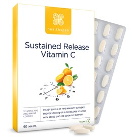 Healthspan Vitamin C Sustained Release 500 mg with Zinc Long-Term Support for Your Immune System and Nerves Highly Effective Nutrient Release Vegan 90 Tablets