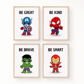 Superhero Wall Art for Boys - Set of 4 Prints with Positive Affirmations - Be Kind, Be Brave, Be Smart, Be You - Playroom Decor and Superheroes Decoration (A4)