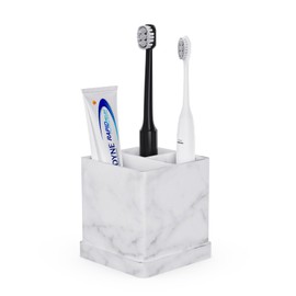 Silicone Toothbrush Holders for Bathrooms, 3 Slots Unbreakable Marble Countertop Electric Tooth Brush and Toothpaste Holder Organizer Stand with Drainage Tray, Bathroom Accessories Decor, White Marble
