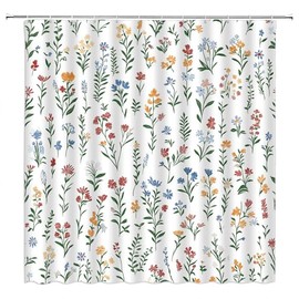 Floral Plant Shower Curtain Rustic Wildflower Retro Herbs Leaves Nature Botanical Boho Fabric Decorative Bathroom Curtains with Hooks,Green White Yellow