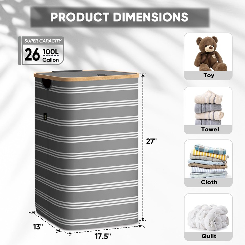 BALEINE Laundry Hamper with Lid, Tall Laundry Baskets with Bamboo