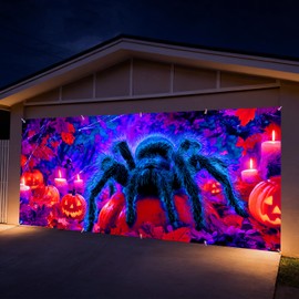 7 x 16 ft Giant Spider Halloween Garage Door Decorations Happy Halloween Door Cover, Hanging Banner blacklight Backdrop Mural for Home, Outdoor, Indoor, Spooky Party, Wall, Window