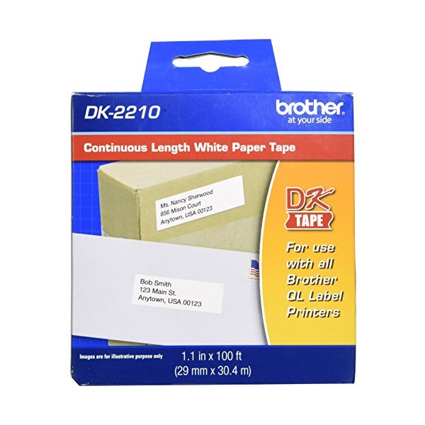 Brother Genuine DK-2210 Continuous Length Black on White Paper Tape for Brother QL Label Printers, 1.1" x 100' (29mm x 30.4M), 1 Roll per Box, DK2210