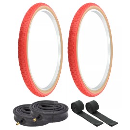 PRO+ BICYCLE TIRES 26 x 1.75 RED/GUM P-104A COMP III W/HEAVYDUTY TUBES+RIMSTRIP