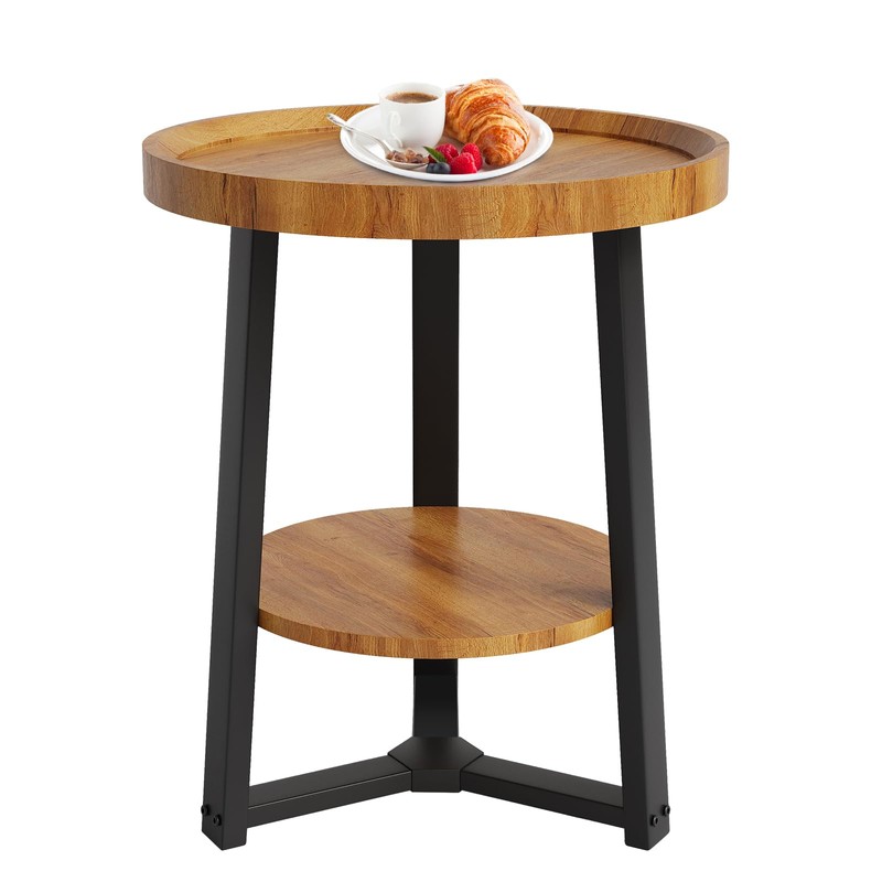 CuisinSmart Round End Table, 19.69IN Wood Tabletop & Black Metal